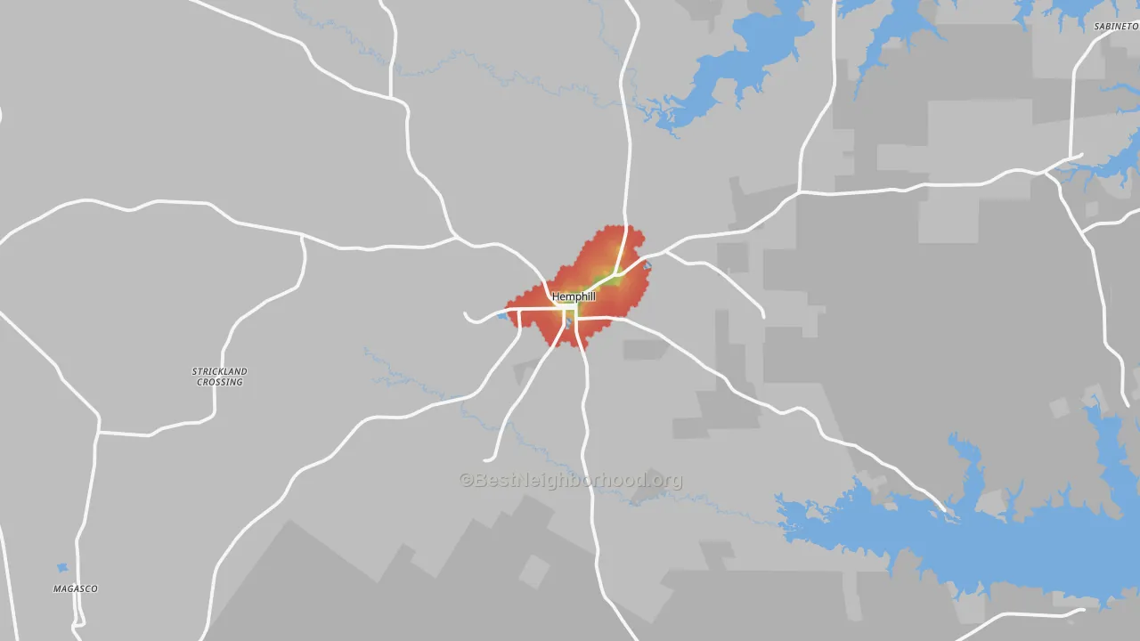 Walk Grade map of Sabine County, TX, walkable areas in green and car-dependent areas in red