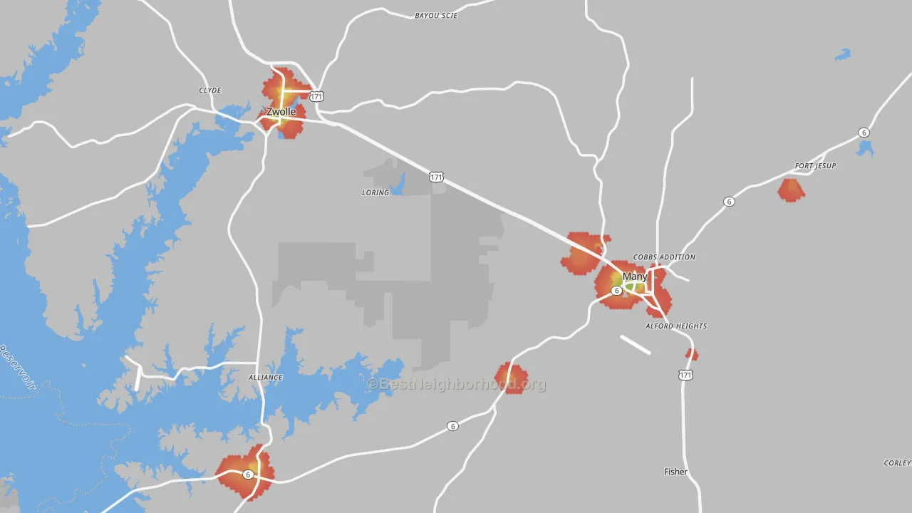 Walk Grade map of Sabine Parish, LA, walkable areas in green and car-dependent areas in red