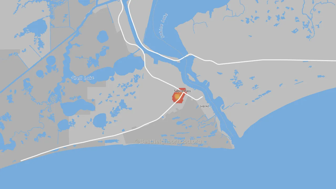 Walk Grade map of Sabine Pass, TX, walkable areas in green and car-dependent areas in red