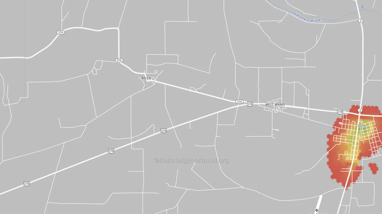 Walk Grade map of Sabino, MS, walkable areas in green and car-dependent areas in red