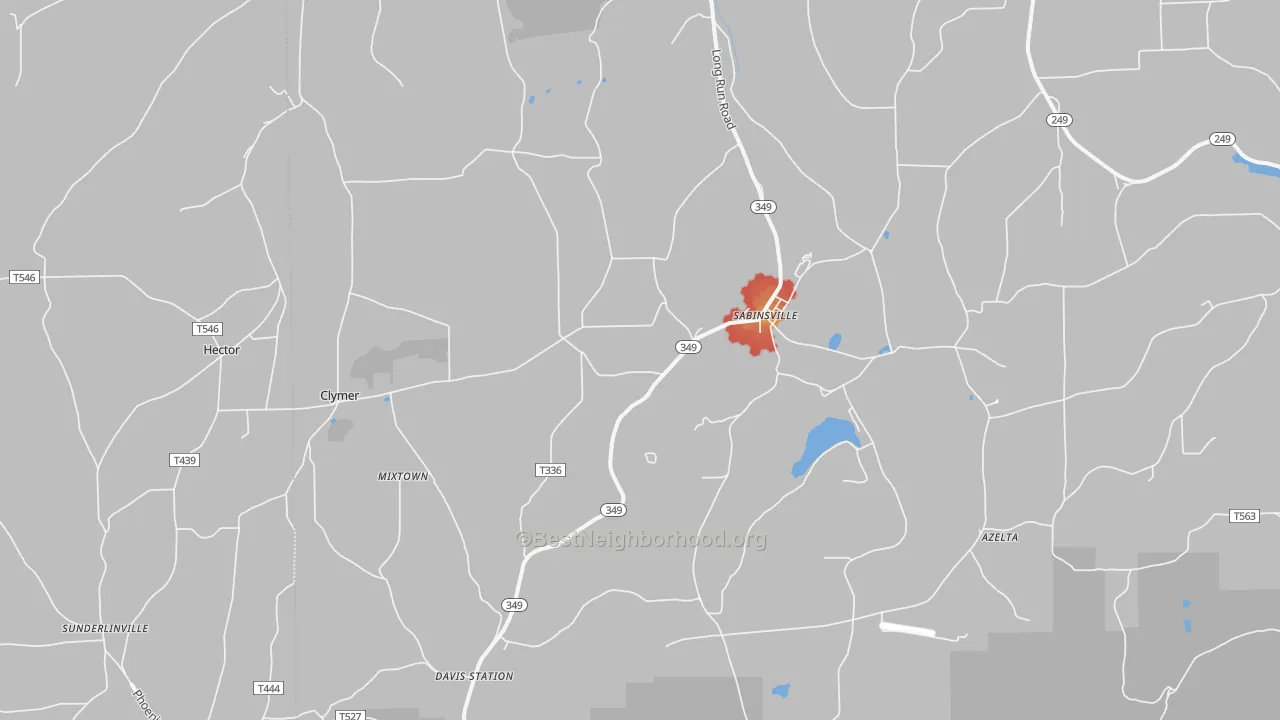 Walk Grade map of Sabinsville, PA, walkable areas in green and car-dependent areas in red