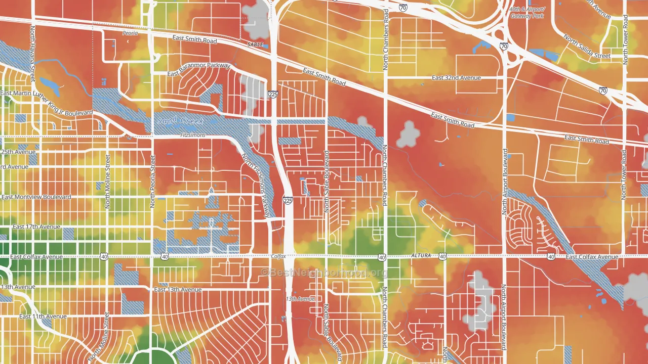 Walk Grade map of Sable Altura Chambers, Aurora, CO, walkable areas in green and car-dependent areas in red