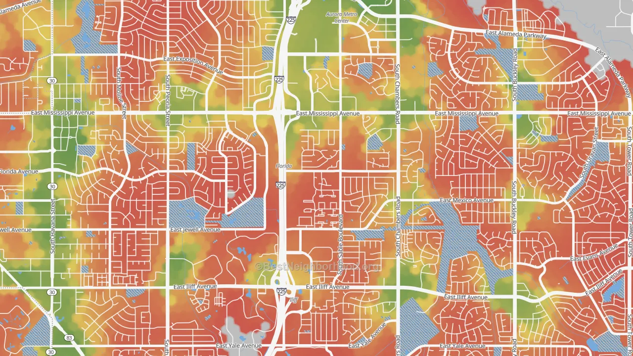 Walk Grade map of Sableridge, Aurora, CO, walkable areas in green and car-dependent areas in red