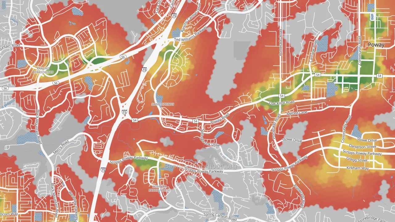 Walk Grade map of Sabre Springs, San Diego, CA, walkable areas in green and car-dependent areas in red