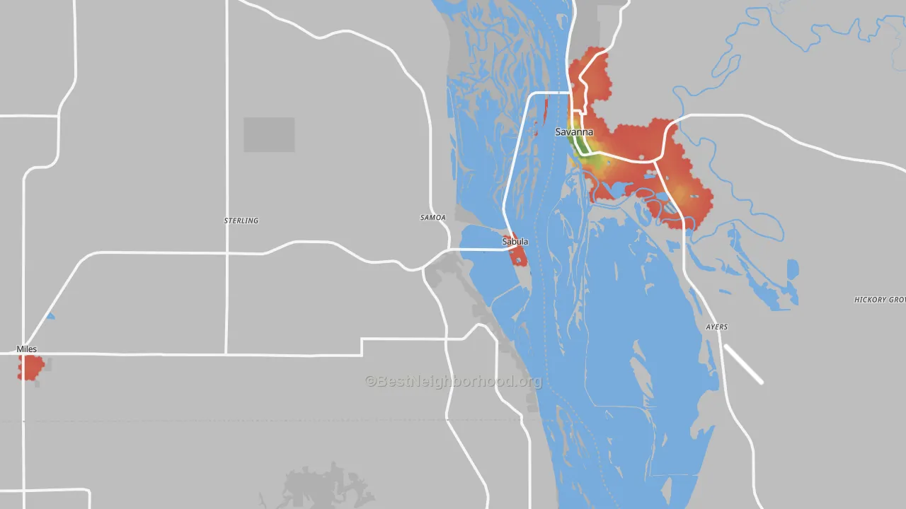 Walk Grade map of Sabula, IA, walkable areas in green and car-dependent areas in red