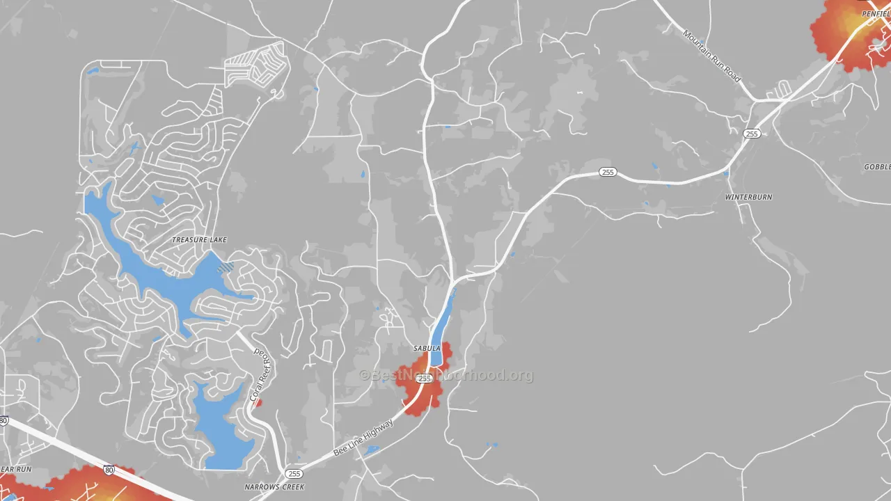 Walk Grade map of Sabula, PA, walkable areas in green and car-dependent areas in red