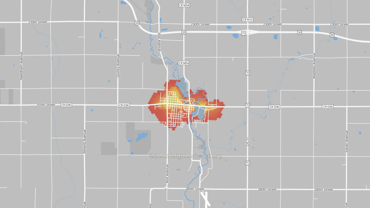 Walk Grade map of Sac City, IA, walkable areas in green and car-dependent areas in red