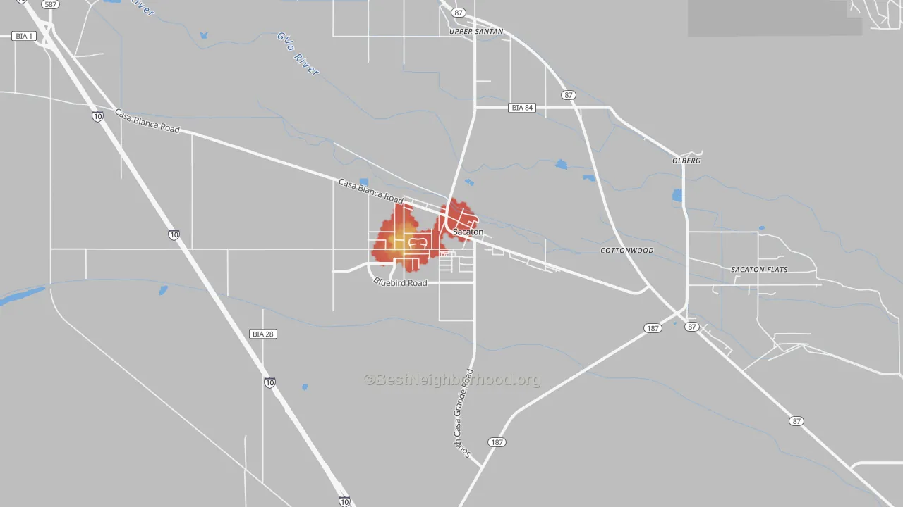 Walk Grade map of Sacaton, AZ, walkable areas in green and car-dependent areas in red