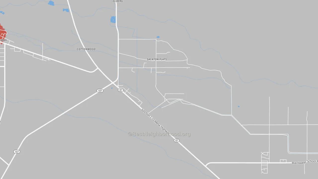 Walk Grade map of Sacaton Flats, AZ, walkable areas in green and car-dependent areas in red