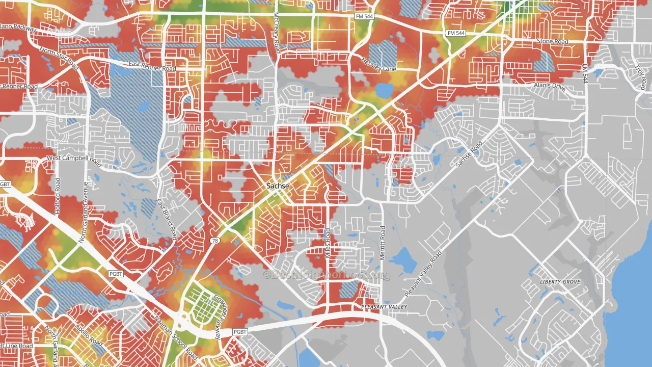 Walk Grade map of Sachse, TX, walkable areas in green and car-dependent areas in red