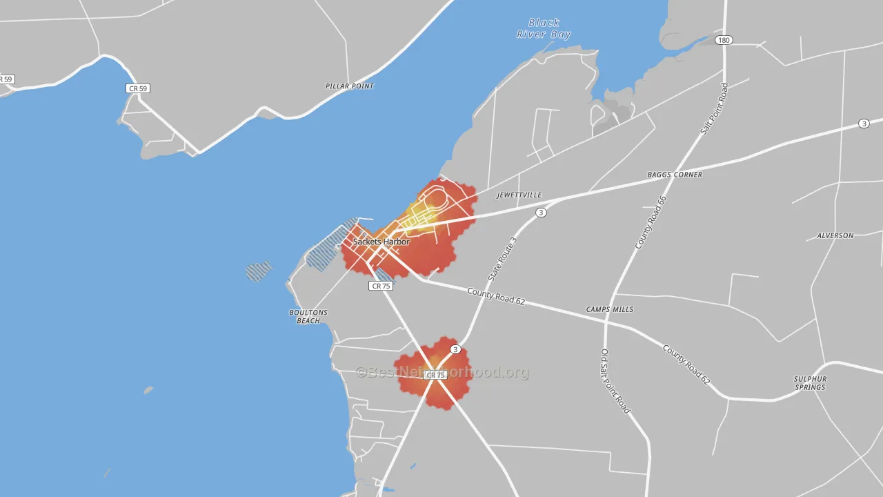 Walk Grade map of Sackets Harbor, NY, walkable areas in green and car-dependent areas in red