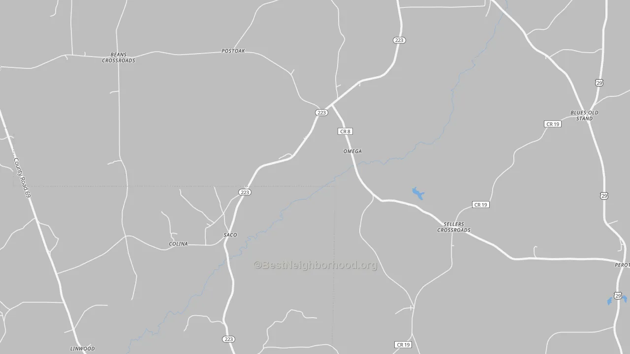 Walk Grade map of Saco, AL, walkable areas in green and car-dependent areas in red