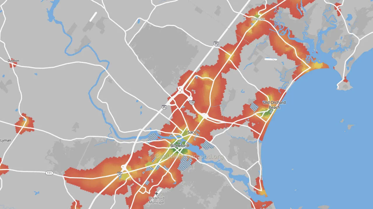 Walk Grade map of Saco, ME, walkable areas in green and car-dependent areas in red