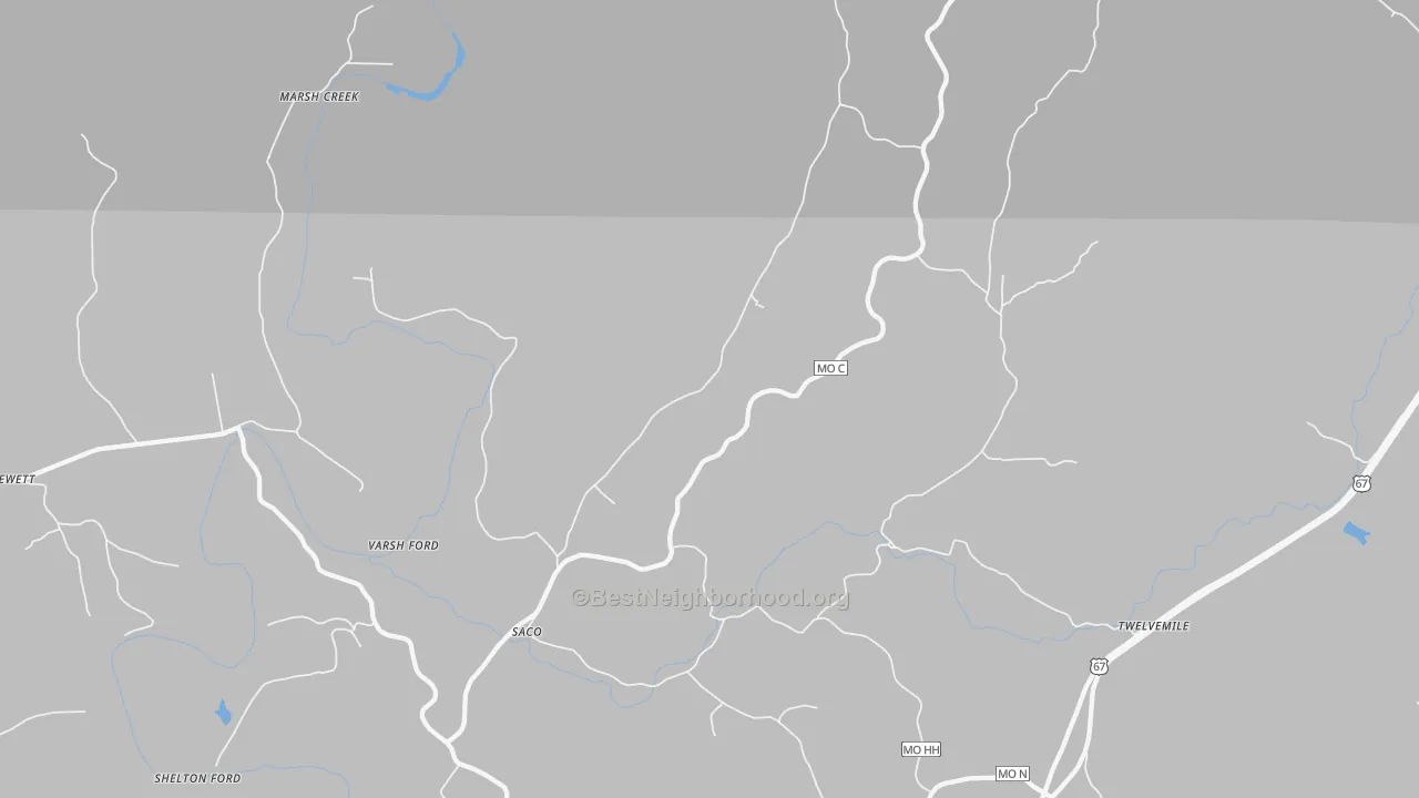 Walk Grade map of Saco, MO, walkable areas in green and car-dependent areas in red