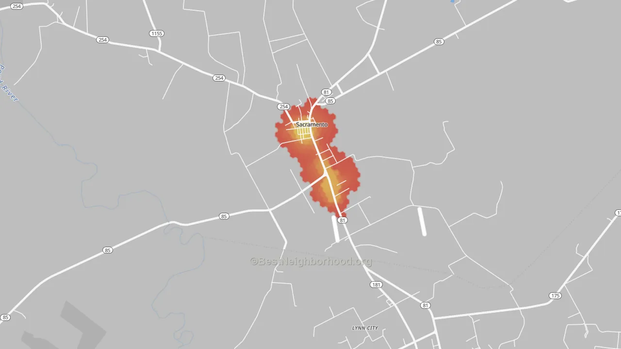 Walk Grade map of Sacramento, KY, walkable areas in green and car-dependent areas in red