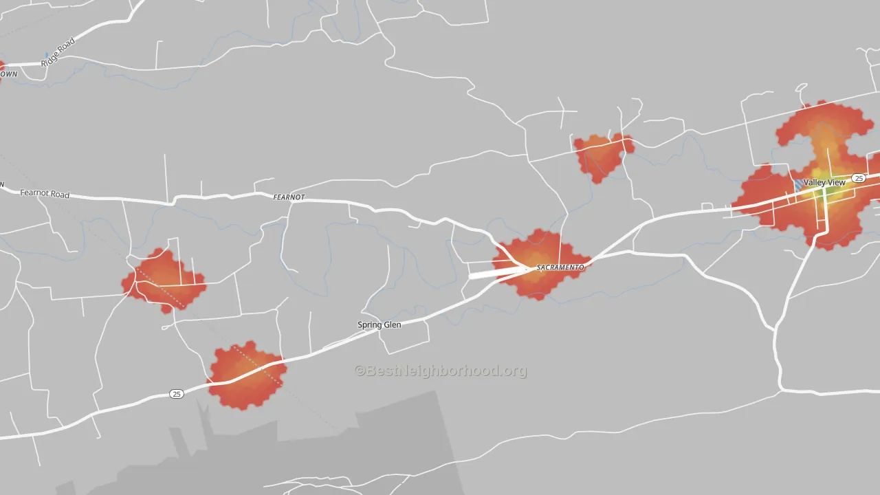 Walk Grade map of Sacramento, PA, walkable areas in green and car-dependent areas in red