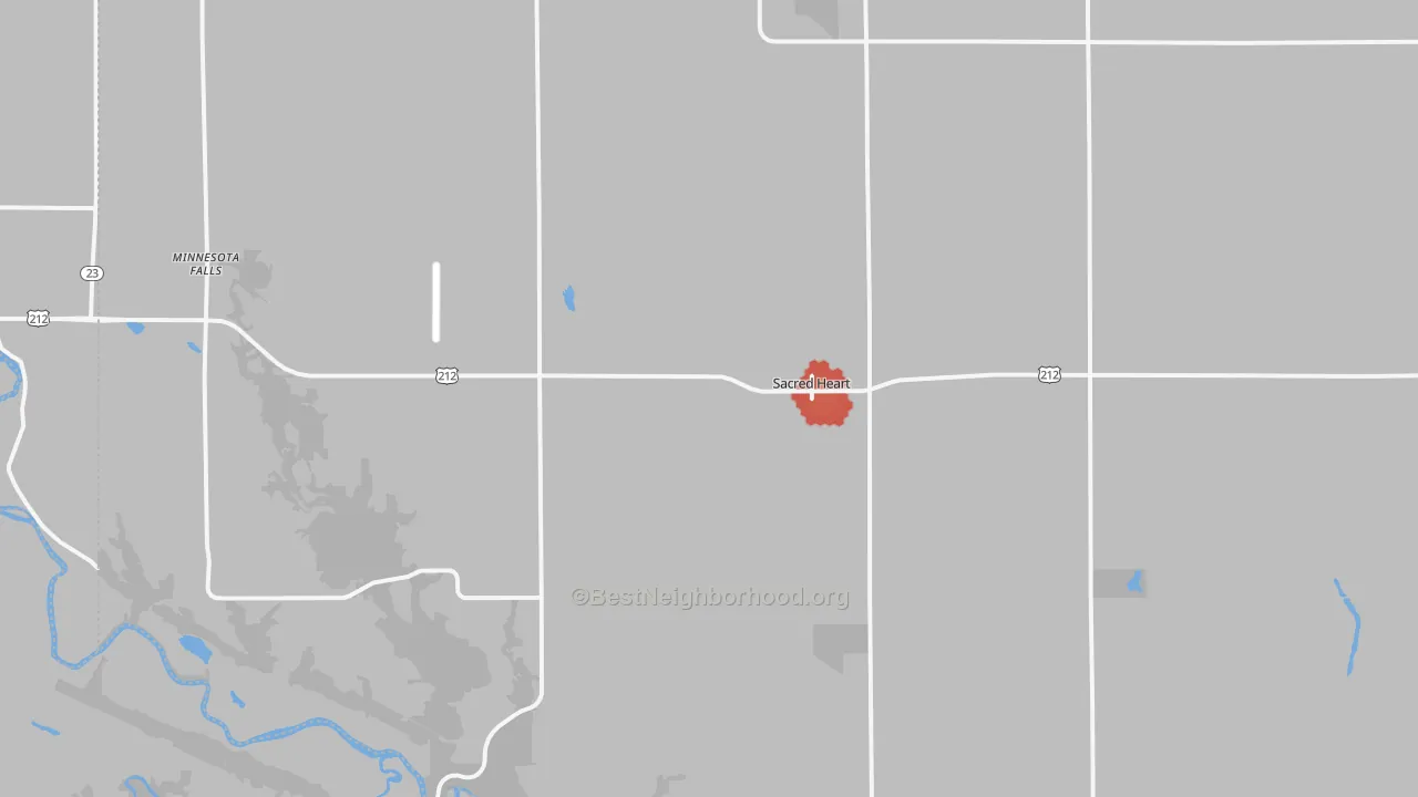 Walk Grade map of Sacred Heart, MN, walkable areas in green and car-dependent areas in red