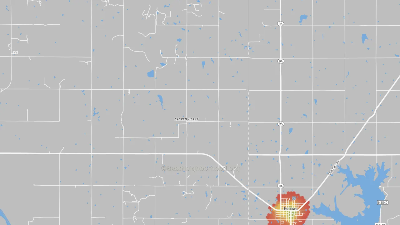 Walk Grade map of Sacred Heart, OK, walkable areas in green and car-dependent areas in red