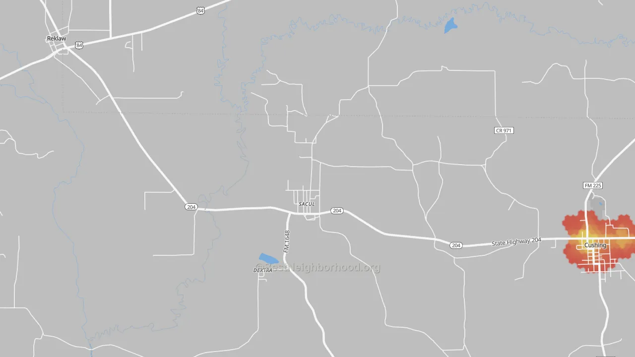 Walk Grade map of Sacul, TX, walkable areas in green and car-dependent areas in red