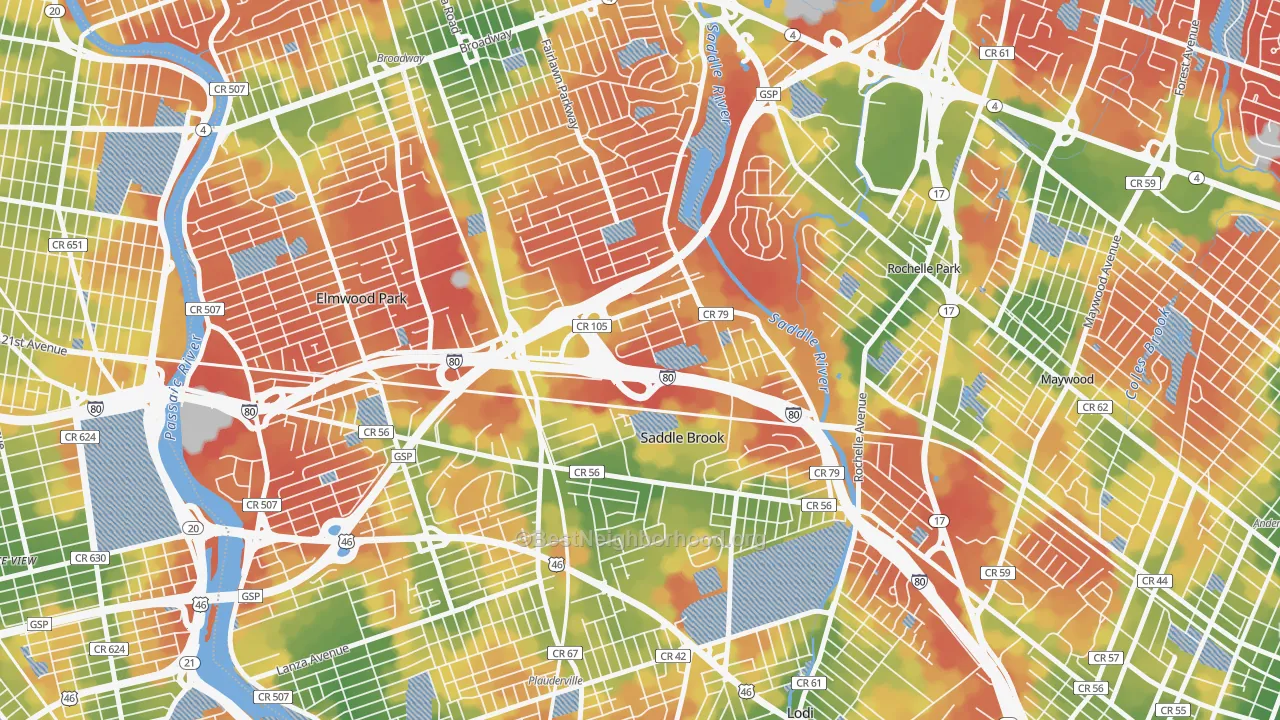 Walk Grade map of Saddle Brook, NJ, walkable areas in green and car-dependent areas in red