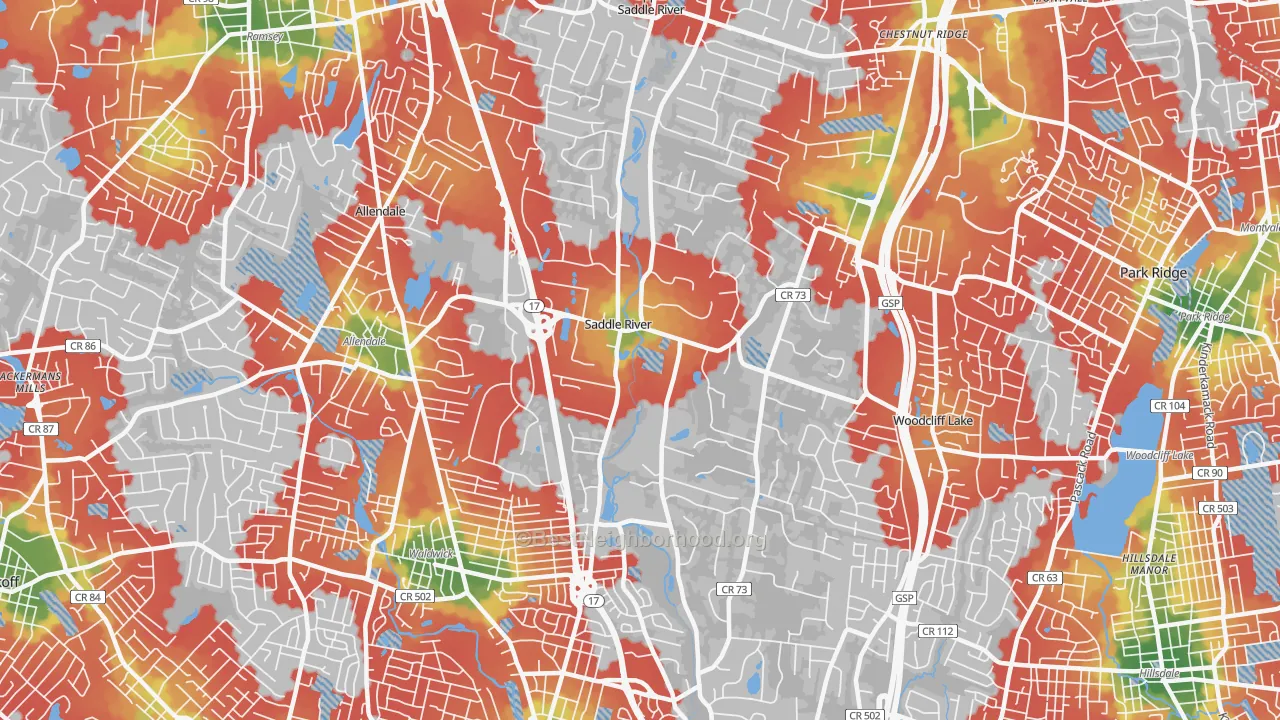 Walk Grade map of Saddle River, NJ, walkable areas in green and car-dependent areas in red