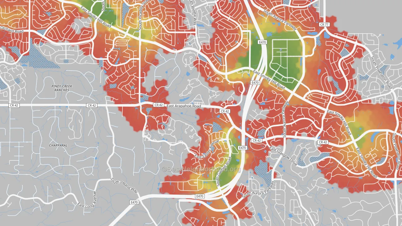 Walk Grade map of Saddle Rock Golf Club, Aurora, CO, walkable areas in green and car-dependent areas in red