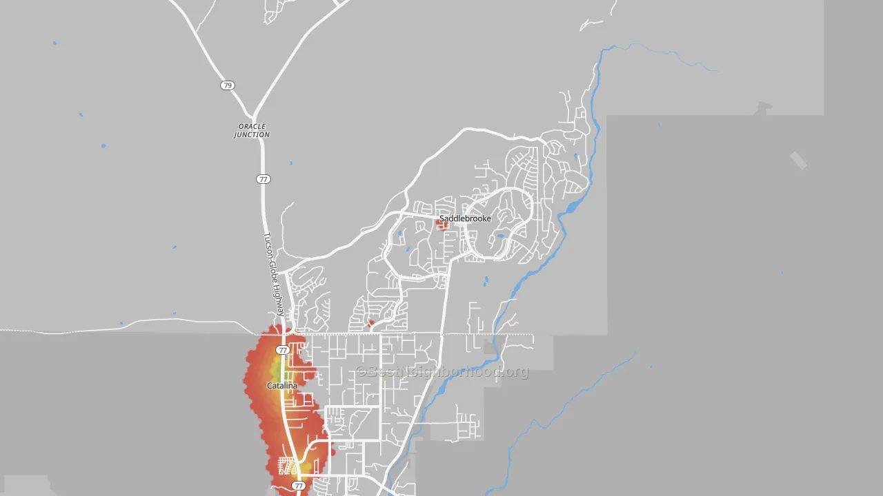 Walk Grade map of Saddlebrooke, AZ, walkable areas in green and car-dependent areas in red