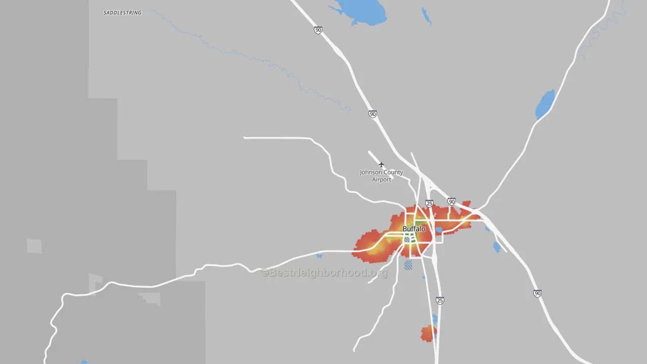 Walk Grade map of Saddlestring, WY, walkable areas in green and car-dependent areas in red