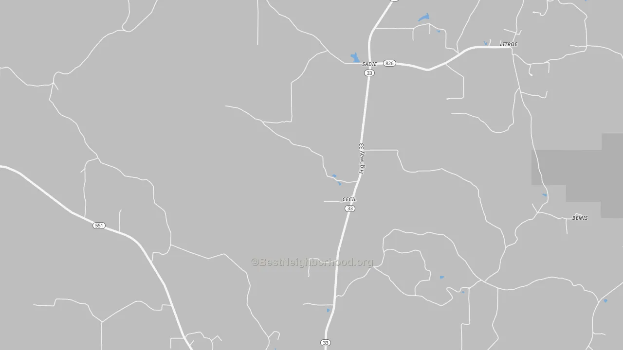 Walk Grade map of Sadie, LA, walkable areas in green and car-dependent areas in red