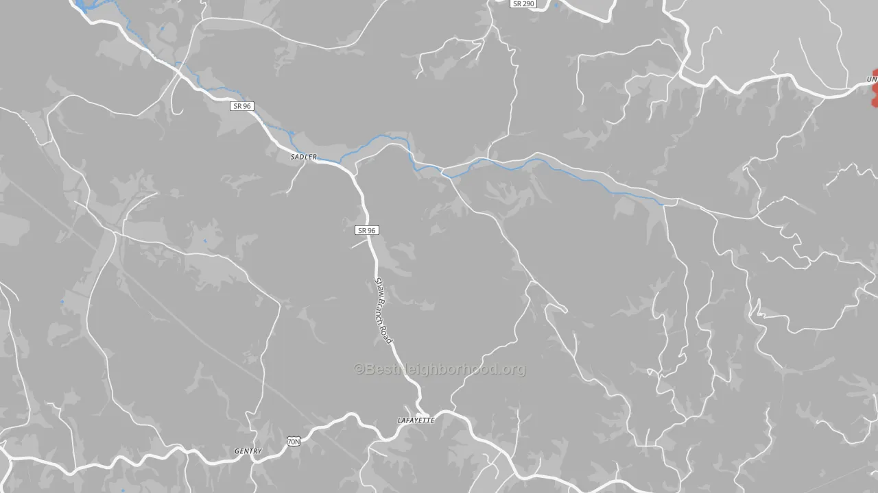 Walk Grade map of Sadler, TN, walkable areas in green and car-dependent areas in red