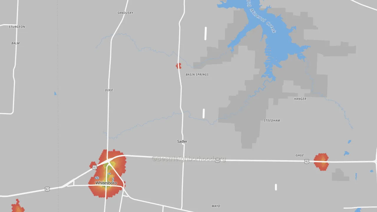 Walk Grade map of Sadler, TX, walkable areas in green and car-dependent areas in red