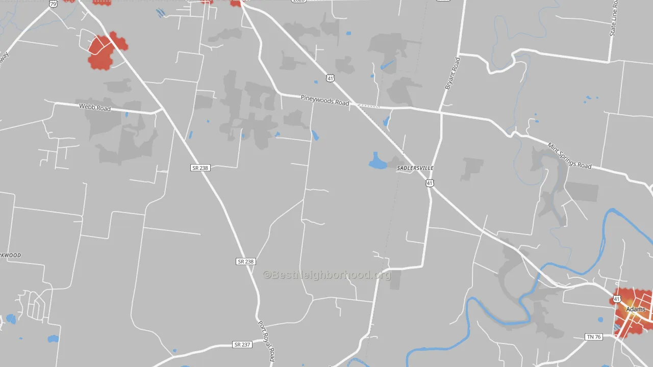 Walk Grade map of Sadlersville, TN, walkable areas in green and car-dependent areas in red