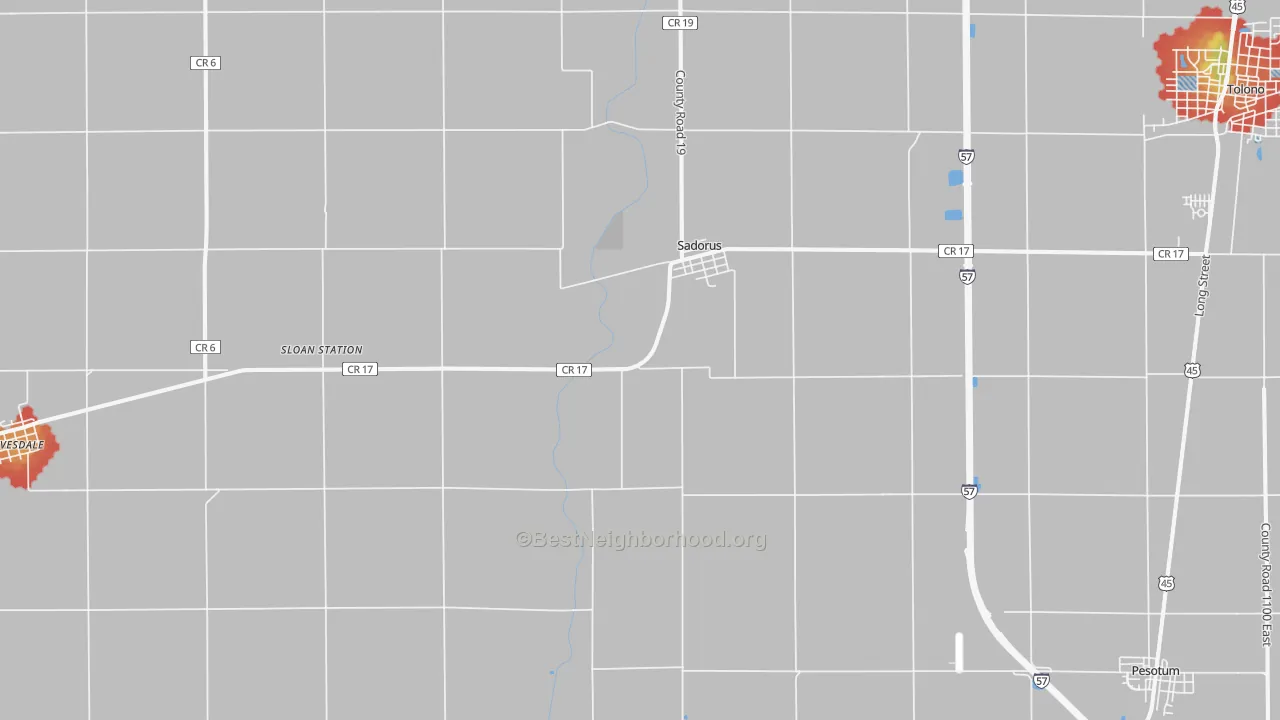 Walk Grade map of Sadorus, IL, walkable areas in green and car-dependent areas in red