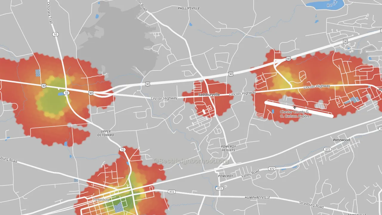 Walk Grade map of Sadsburyville, PA, walkable areas in green and car-dependent areas in red