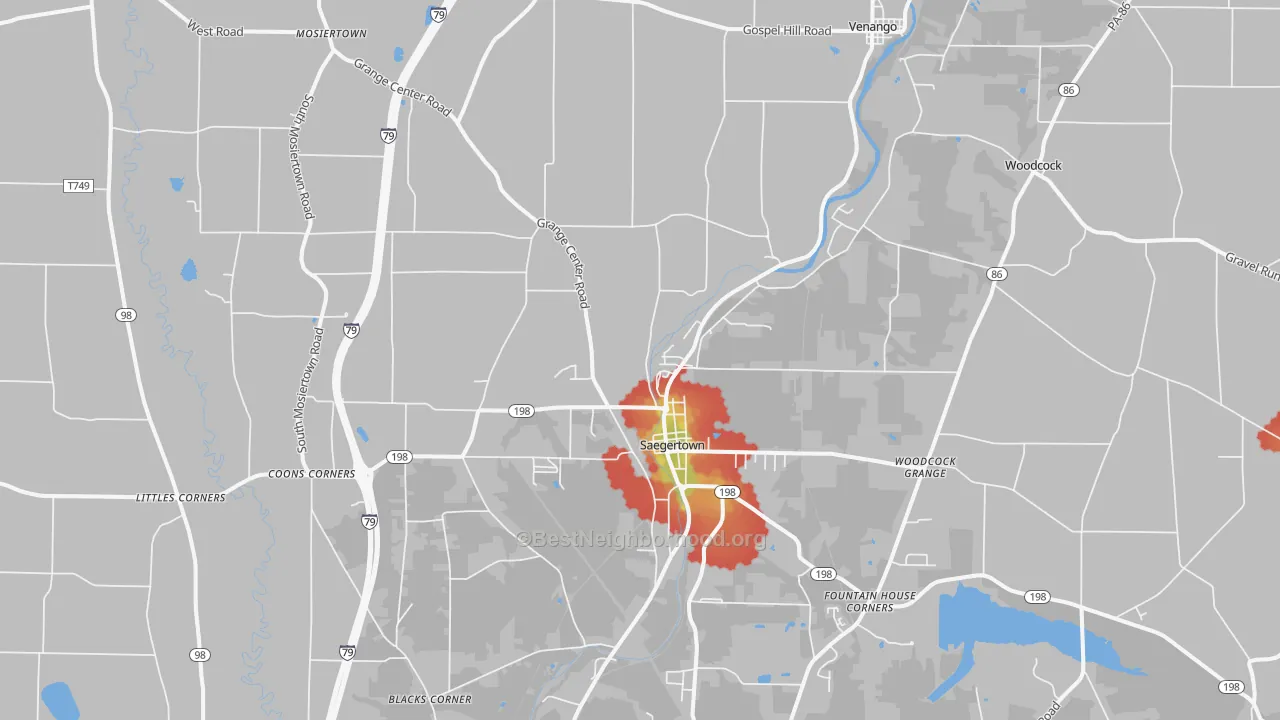 Walk Grade map of Saegertown, PA, walkable areas in green and car-dependent areas in red