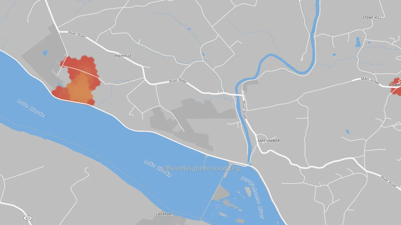 Walk Grade map of Safe Harbor, PA, walkable areas in green and car-dependent areas in red