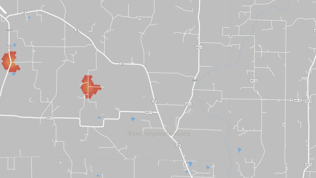 Walk Grade map of Safe, MO, walkable areas in green and car-dependent areas in red