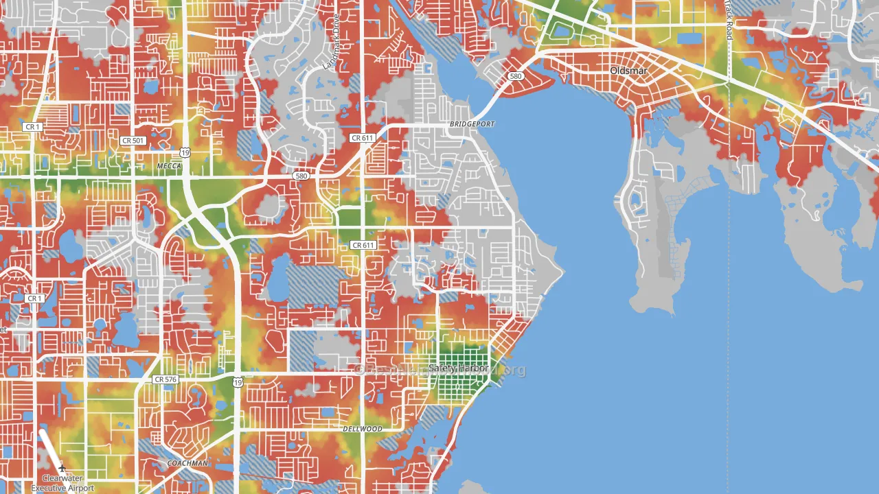 Walk Grade map of Safety Harbor, FL, walkable areas in green and car-dependent areas in red