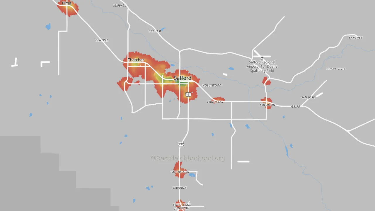 Walk Grade map of Safford, AZ, walkable areas in green and car-dependent areas in red
