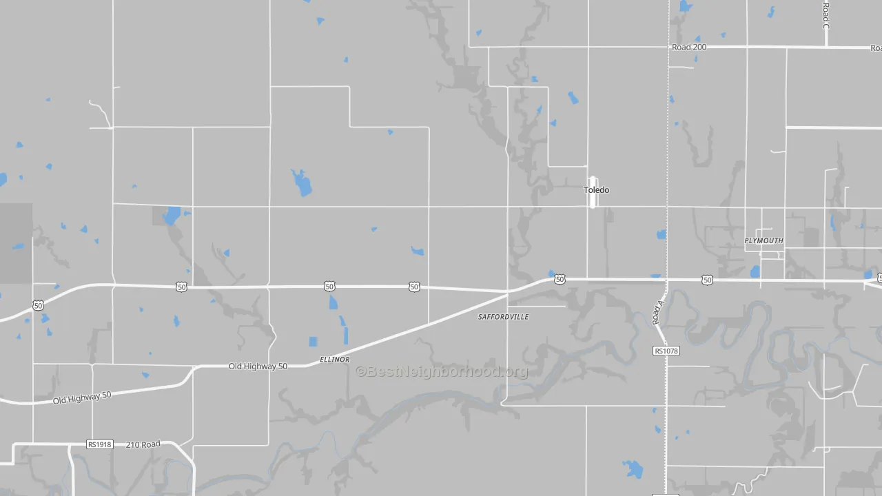 Walk Grade map of Saffordville, KS, walkable areas in green and car-dependent areas in red