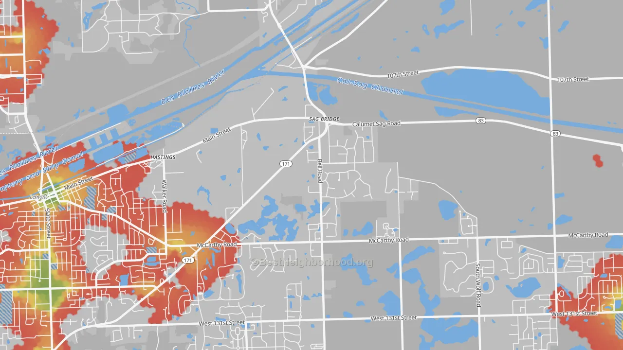 Walk Grade map of Sag Bridge, IL, walkable areas in green and car-dependent areas in red