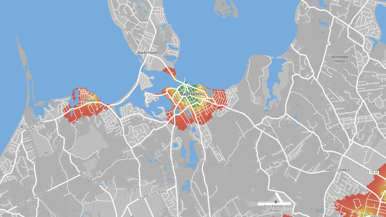 Walk Grade map of Sag Harbor, NY, walkable areas in green and car-dependent areas in red