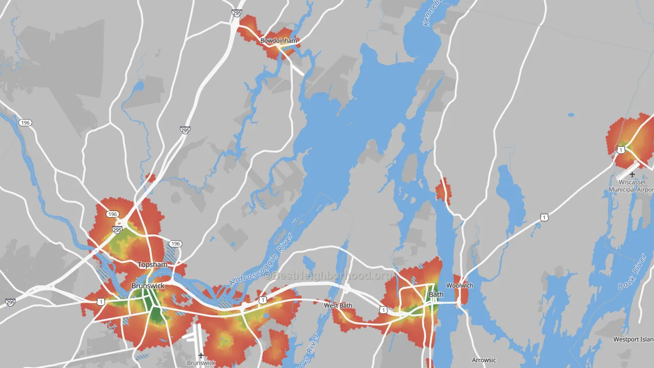 Walk Grade map of Sagadahoc County, ME, walkable areas in green and car-dependent areas in red