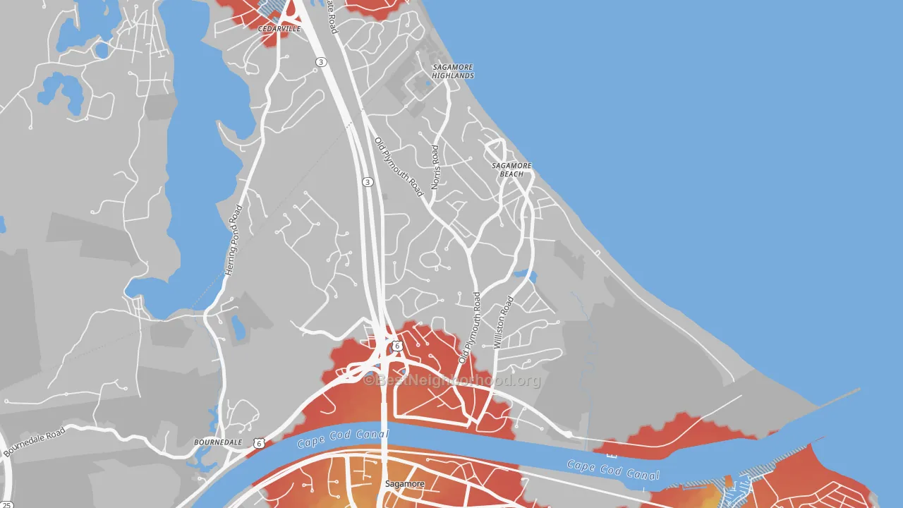 Walk Grade map of Sagamore Beach, MA, walkable areas in green and car-dependent areas in red