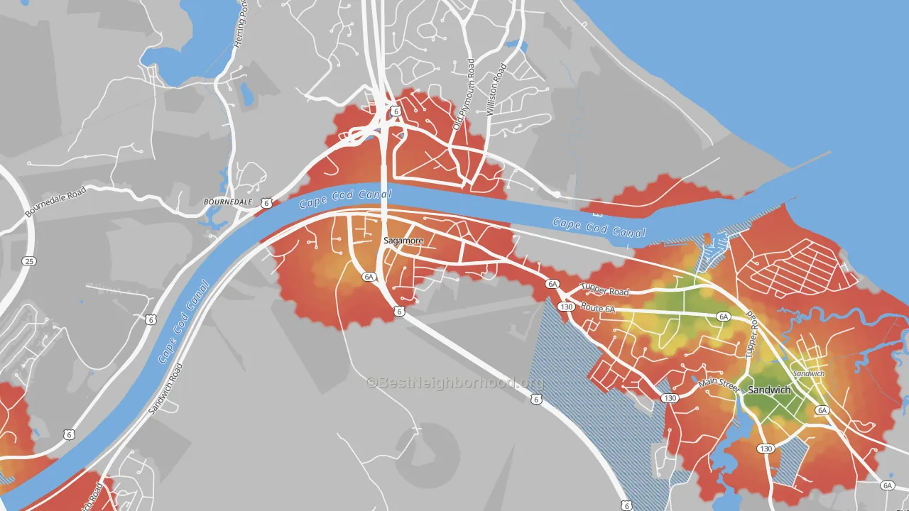 Walk Grade map of Sagamore, MA, walkable areas in green and car-dependent areas in red