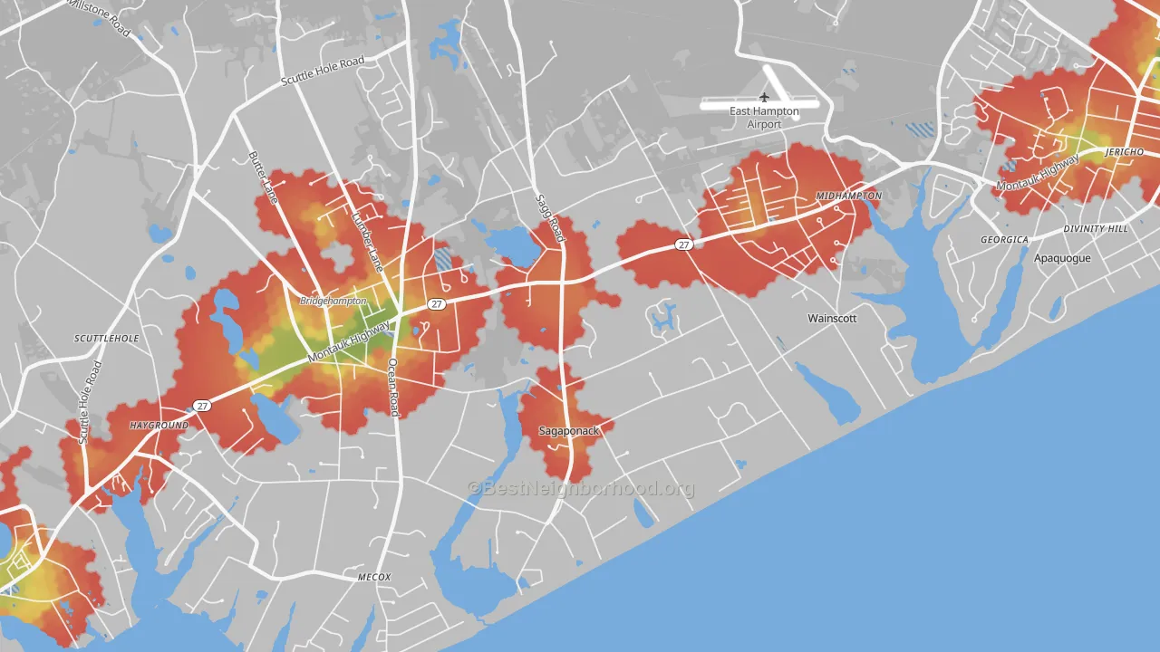 Walk Grade map of Sagaponack, NY, walkable areas in green and car-dependent areas in red
