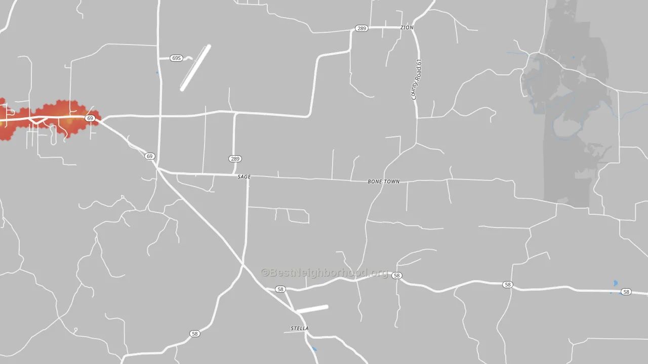 Walk Grade map of Sage, AR, walkable areas in green and car-dependent areas in red