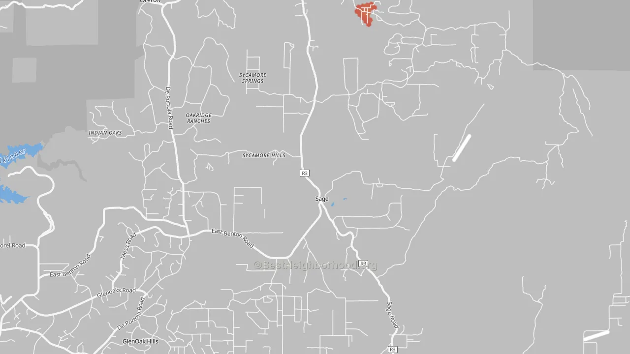 Walk Grade map of Sage, CA, walkable areas in green and car-dependent areas in red