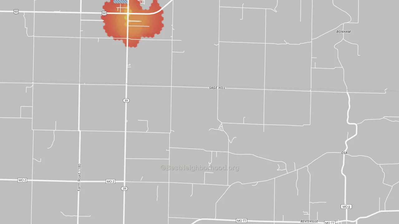 Walk Grade map of Sage Hill, MO, walkable areas in green and car-dependent areas in red