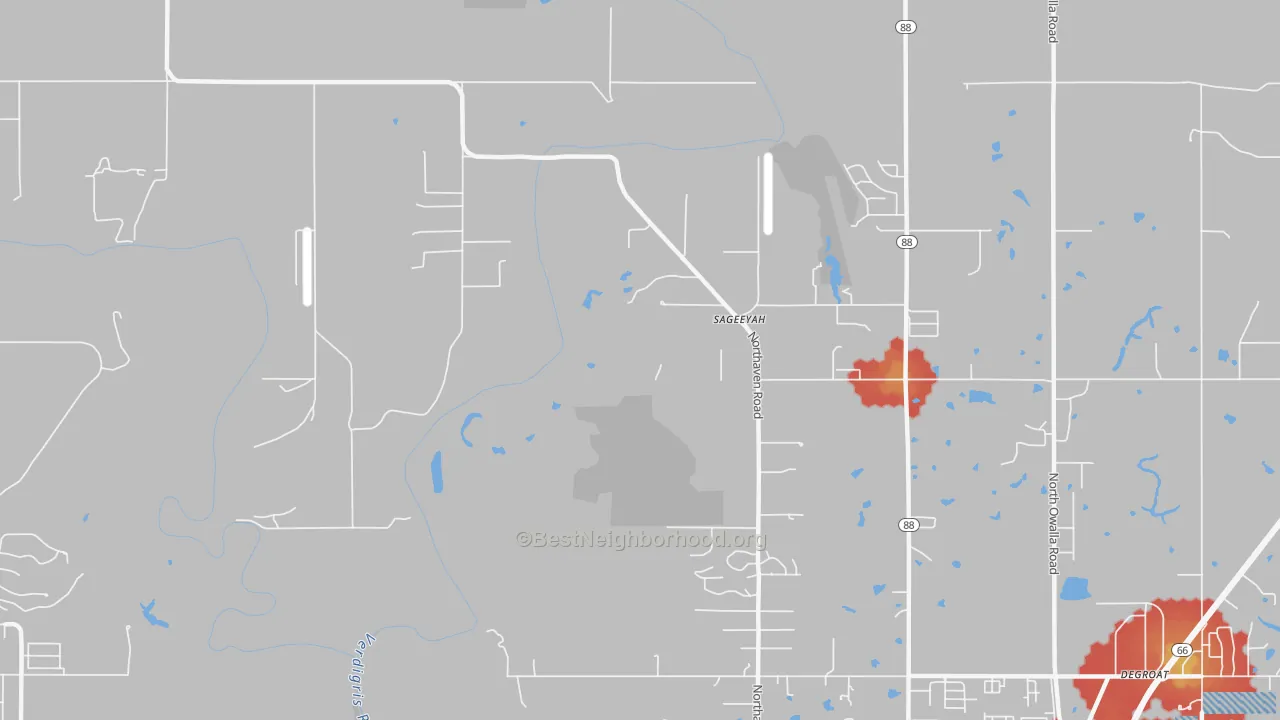 Walk Grade map of Sageeyah, OK, walkable areas in green and car-dependent areas in red
